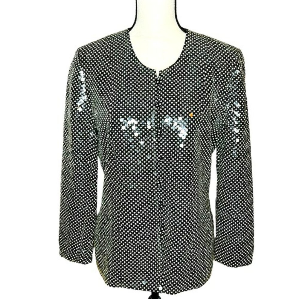 Carlisle Vintage Black Polka Dots 100% Silk Sequin Evening Formal Blazer Size 6